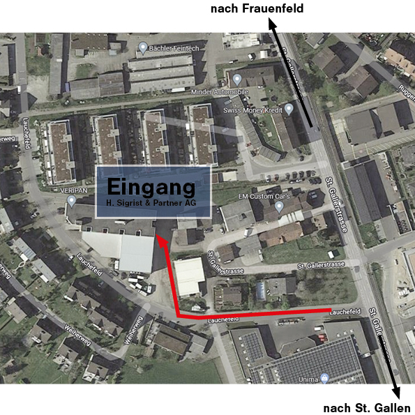 Karte in Draufsicht mit dem Anfahrtsweg zu H. Sigrist & Partner AG in Matzingen