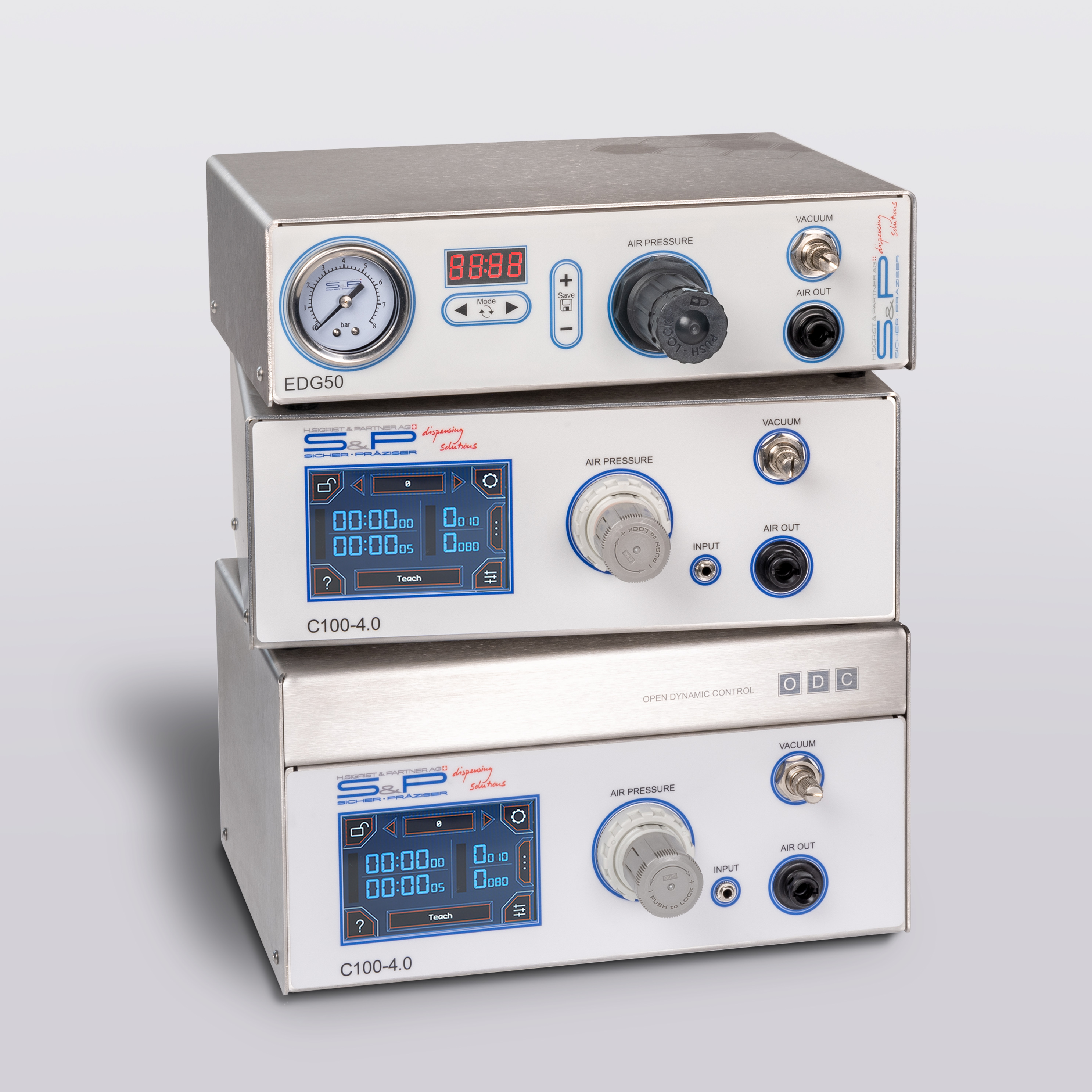 C100-4.0® ODC und EDG50® übereinandergestapelt, Swissline-Produkte aus eigener Produktion in Matzingen